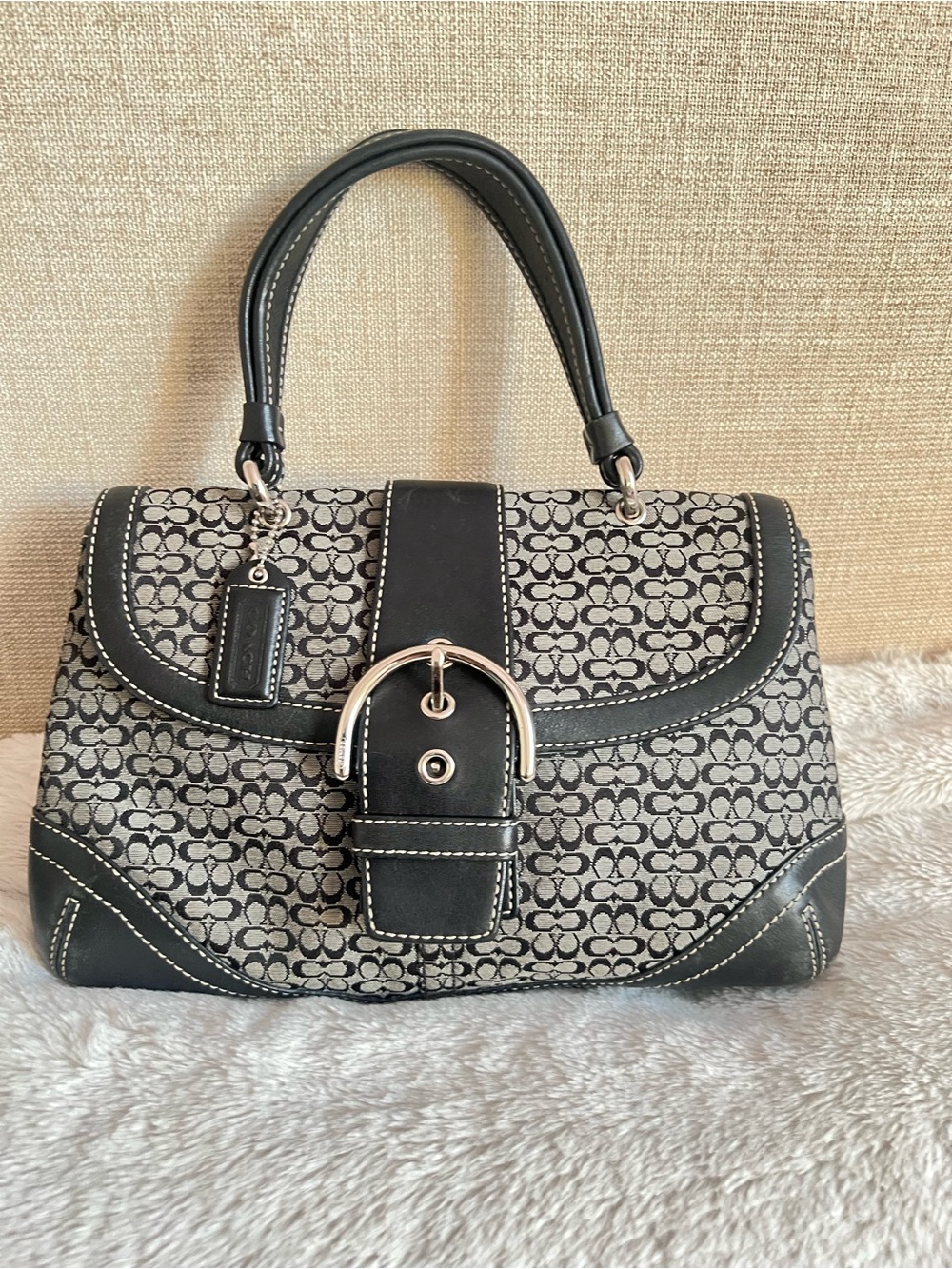Coach Black and Gray Monogram Satchel with Buckle Accent